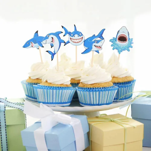 Vista 2 de Decoración para cupcakes de tiburón, 40 piezas de palillos de tiburón, decoraciones de cupcakes de tiburón para fiestas temáticas de tiburón