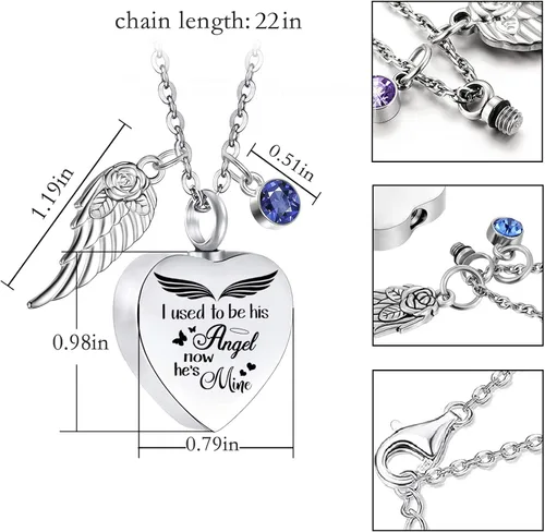 Vista 2 de weikui Collar de urna de corazón para cenizas con ala de ángel, 12 piedras de nacimiento, colgante conmemorativo de cremación, joyería de recuerdo