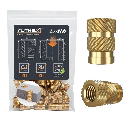 Vista 25 de Ruthex 1/4" Insertos Roscados Cortos - 20 Piezas RX-1/4“-20x6.4 Inserto de Ajuste Térmico de Latón para Partes de Plástico - Pulgadas Tuercas