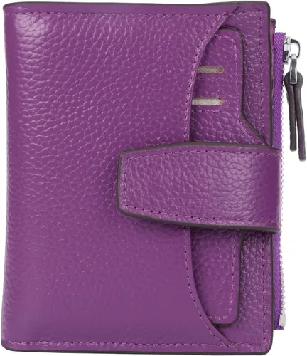 Vista 20 de Cartera de cuero con bloqueo RFID para mujer, pequeña, compacta, doble cremallera, con ventana para identificación