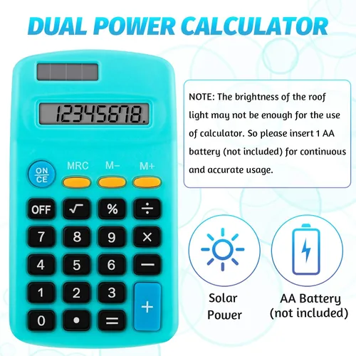 Vista 3 de Calculadora de función estudiantil de tamaño de bolsillo a granel, mini calculadora de batería solar básica colorida para Navidad, regalos