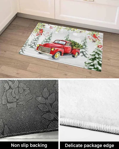 Vista 5 de Alfombra de baño esponjosa para camión rojo, cardenal de Navidad, antideslizante, alfombra suave para piso, árbol de Navidad, conos de pino, nieve