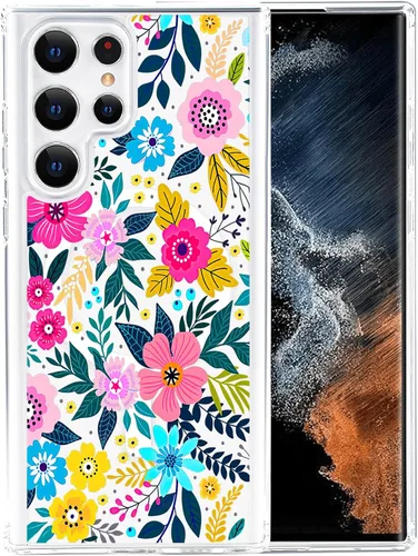 Vista 7 de Funda magnética para Samsung Galaxy S22 Ultra Flower, compatible con MagSafe, patrón floral transparente a prueba de golpes, parte trasera