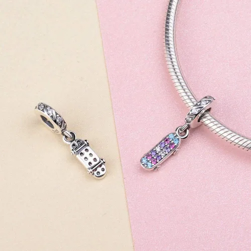 Vista 2 de Encanto de la suerte del encanto del deporte de la plata esterlina 925 del monopatín para la pulsera del encanto Pandora, Plata esterlina, Circonita