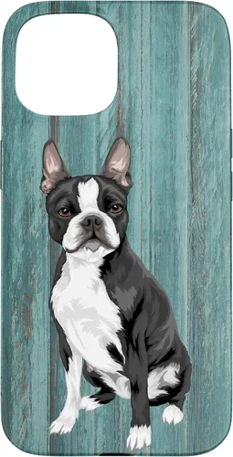 Vista 6 de Boston Terrier Faux Blue Wood Background Case for iPhone 17