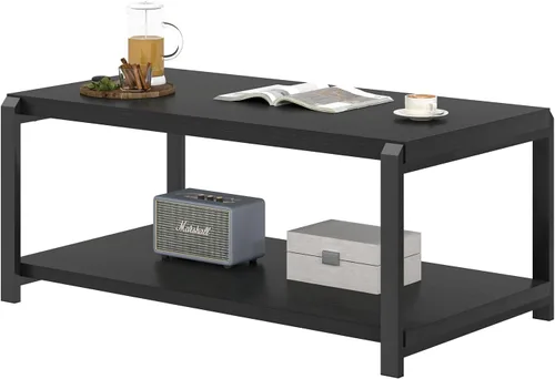 Vista 8 de EXCEFUR Mesa de café negra, mesa central moderna de madera rústica para sala de estar, mesa de té industrial rectangular de cóctel con estante