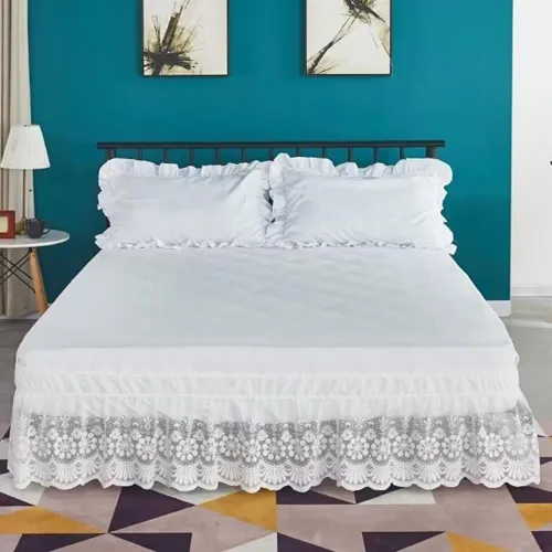 Vista 3 de Envoltura de cama elástica con ribete de encaje, falda de cama con volantes de fácil ajuste, color blanco (beige, matrimonial)