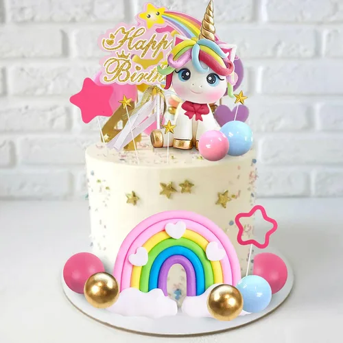 Vista 5 de 29 adornos para tartas de unicornio, decoración de pastel de arcoíris con estrellas arco iris, bolas de unicornio, decoraciones de pastel de feliz