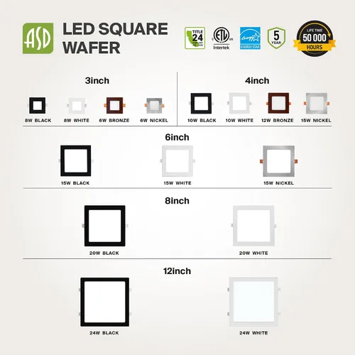 Vista 18 de ASD Paquete de 6 luces LED empotrables cuadradas de 6 pulgadas, 5 CCT 2700K-5000K CRI90+, 15 W 60 W Eqv, luces de techo ultra finas y regulables