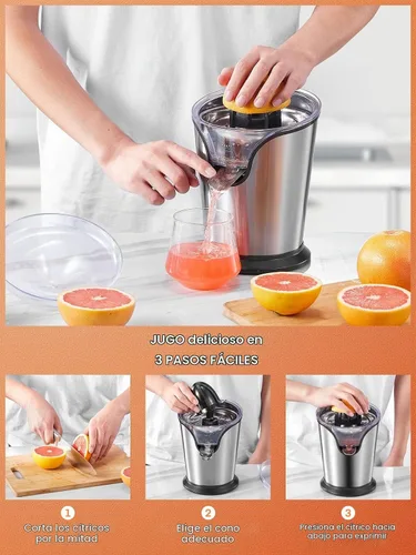 Vista 4 de FOHERE Exprimidor de Jugo de Naranja Exprimidor Eléctrico de Cítricos con Dos Conos Intercambiables Adecuado para Naranja, Limón y Pomelo, Acero