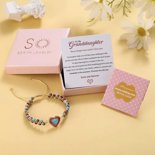 Vista 7 de Pulsera de corazón de jaspe con texto en inglés To My Granddaughter Love You Forever (To My Granddaughter Love You Forever), pulsera de cuentas