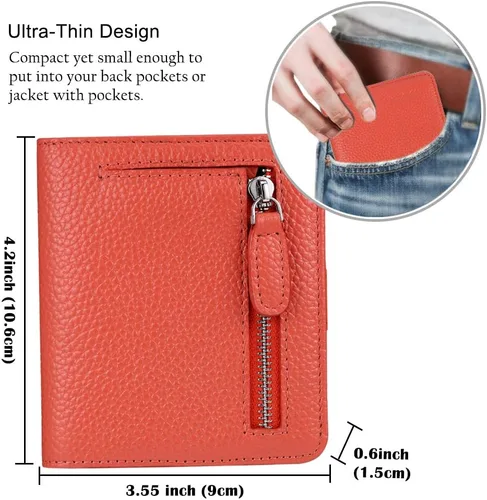 Vista 6 de Funtor Cartera de cuero para mujer, pequeña y compacta, con bolsillo doble, bloqueo RFID, para mujer