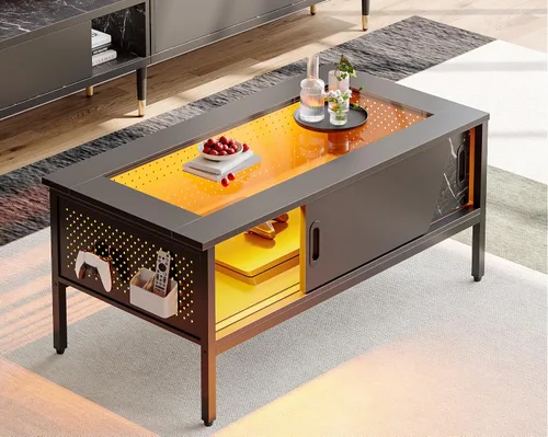 Vista 3 de Bestier Mesa de centro LED de 42 pulgadas con almacenamiento, mesa de centro moderna con tapa de vidrio para sala de estar, mesa central negra