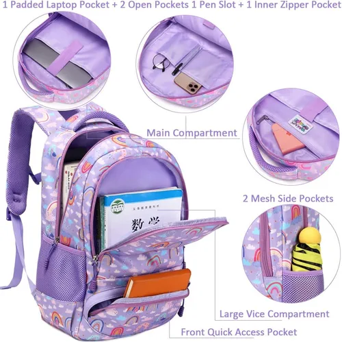 Vista 100 de Juego de mochila para niñas y adolescentes, mochila escolar para niños con bolsa para el almuerzo, estuche para lápices, mochilas escolares