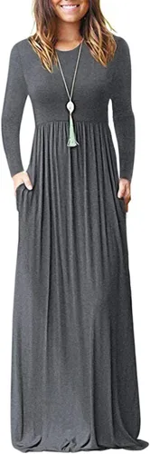 Vista 36 de Vestido de manga larga para mujer, holgado, liso, largo, estilo informal, con bolsillos. 01-verde militar