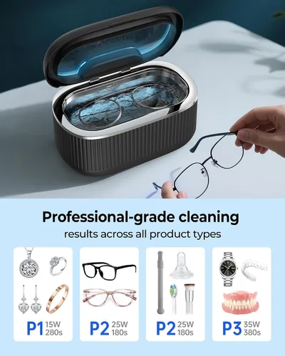 Vista 3 de Limpiador ultrasónico de joyas de 35W, limpiador de retenedor de 45KHz para joyas, 5 temporizadores y 3 modos de potencia, para anteojos, anillos