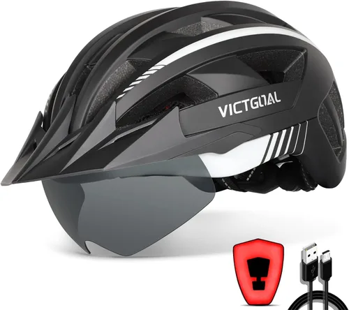 Vista 10 de VICTGOAL Casco de bicicleta con luz trasera recargable por USB, gafas magnéticas desmontables, visera solar extraíble, cascos de bicicleta de Negro