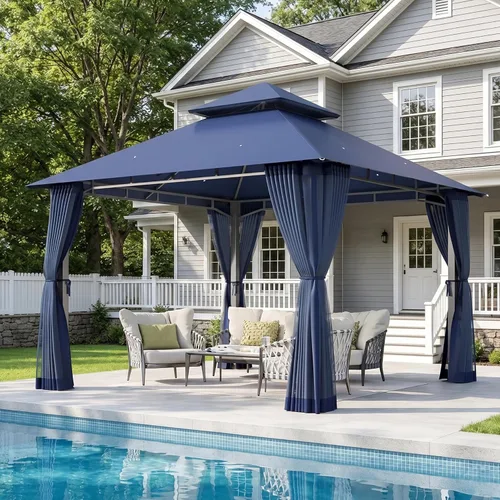 Vista 10 de Aoxun Gazebo de 8 x 8 con doble techo y mosquitera, tienda de campaña para exteriores de alta resistencia, tienda de campaña para patio