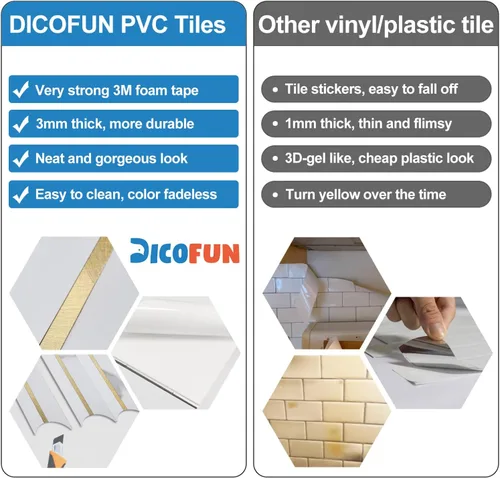 Vista 4 de DICOFUN - Azulejo adhesivo de loseta en muro de PVC para la cocina, aspecto de mármol blanco, 10 láminas, 9.4 pies cuadrados Escamas