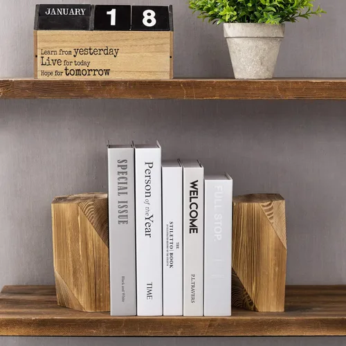 Vista 2 de MyGift Sujetalibros decorativos de madera de latón, diseño triangular, escritorio de oficina, extremos de libros de madera, soporte para libros