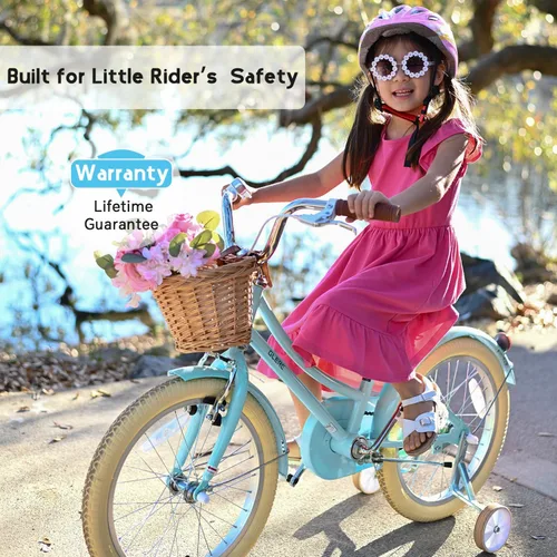 Vista 5 de Glerc Little Molly - Bicicleta de crucero retro para niños de 2 a 13 años de edad con cesta de mimbre y ruedas de entrenamiento/soporte, varios