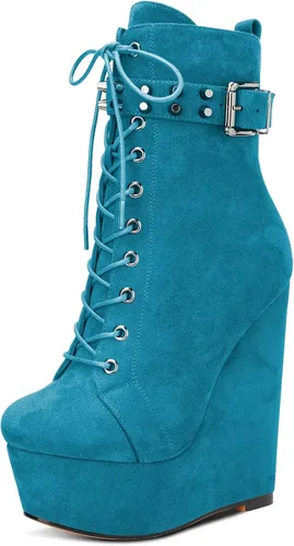 Vista 10 de HDEUOLM Botas de tobillo con tacón de plataforma de cuña alta para mujer, botines cortos con cordones y cremallera Negro