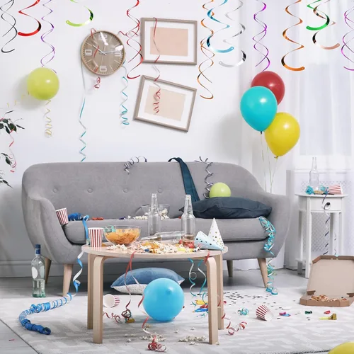 Vista 6 de MECCANIXITY 30 piezas negras colgantes de doble tira para colgar decoraciones de techo de plástico para fiestas de cumpleaños con gancho