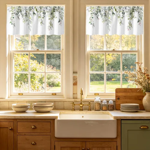 Vista 37 de Cortinas de cocina de estilo granja occidental con bolsillo para cortinero, pequeñas y cortas, estilo café rústico, cabaña, puerta de granero