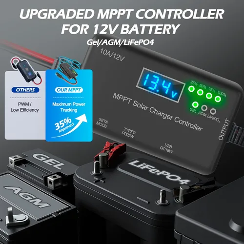 Vista 4 de Controlador de carga solar MPPT de 10 A, 12 V, 30 V máximo COV 22 W tipo C y 18 W USB de carga rápida LCD, protección múltiple Controlador