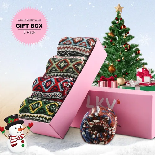Vista 2 de LKV Calcetines de invierno para mujer, caja de regalo, calcetines de lana gruesa, suaves, cálidos, calcetines casuales para mujer, calcetines