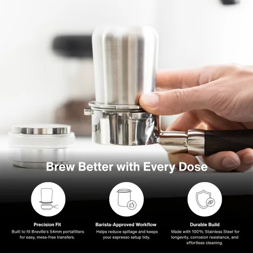 Vista 3 de Productos de Café Crema 54mm Taza Dosificadora Compatible con Portafiltros Breville, etc. Acero Inoxidable 100% Duradero Lengüeta de Molino