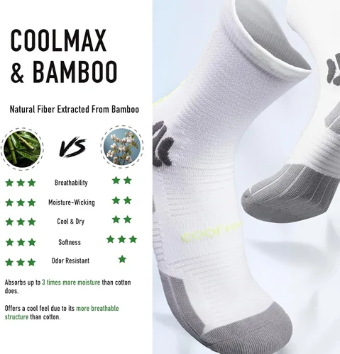 Vista 4 de BRISIRA Coolmax - Calcetines de compresión de bambú para correr, 3 pares, control de olores atléticos, amortiguadores de senderismo, con pestaña sin