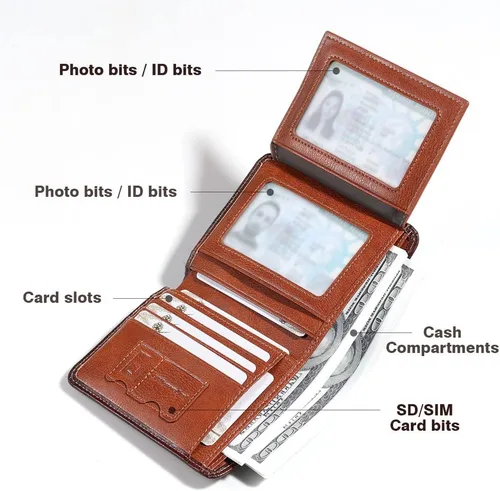 Vista 17 de Billetera de piel triple con bloqueo RFID para hombre con 2 ventanas de identificación, 2 compartimentos para efectivo, 6-8 ranuras para tarjetas