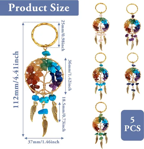 Vista 7 de KISSITTY Colgante de atrapasueños colgante con piedras preciosas adornadas con atrapasueños, adorno étnico de filigrana, Llavero del árbol de la vida