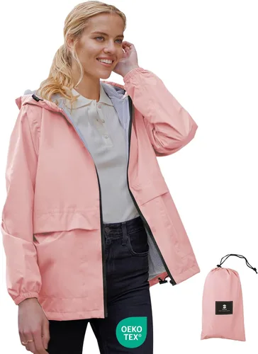 Vista 2 de SaphiRose Chaqueta ligera para lluvia para mujer, impermeable, transpirable, rompevientos con capucha y plegable, Rosado