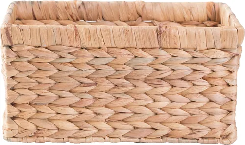Vista 4 de Cesta rectangular de mimbre de jacinto de agua tejido natural con asas, organizador de almacenamiento pequeño, bandeja de cesta poco profunda de 12