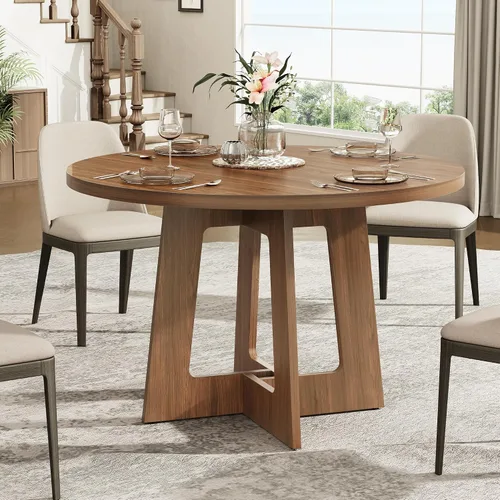 Vista 4 de Mesa de comedor redonda para 4, mesa de comedor de madera, mesa de cocina circular para el hogar, comedor, cocina, sala de estar (marrón nogal)