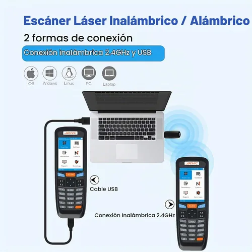 Vista 3 de Escáner de código de barras inalámbrico 1D, escáner de código de barras láser JRHC lector de inventario con colector de datos de pantalla, lector