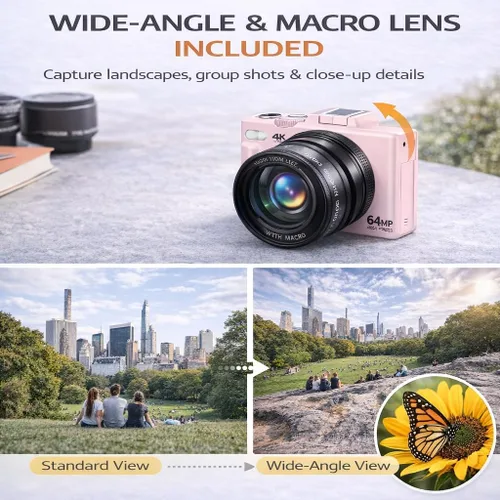 Vista 6 de Cámara digital 4K 64MP Vlogger Essentials Kit con trípode flexible, funda de transporte, lente gran angular, pantalla abatible de 180°, WiFi, zoom