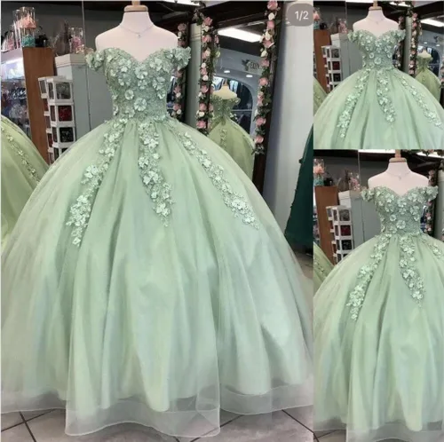 Vista 2 de TRHTX Vestidos de quinceañera de encaje, vestido de bola hinchado con hombros descubiertos, vestidos de baile de graduación, flores florales dulces