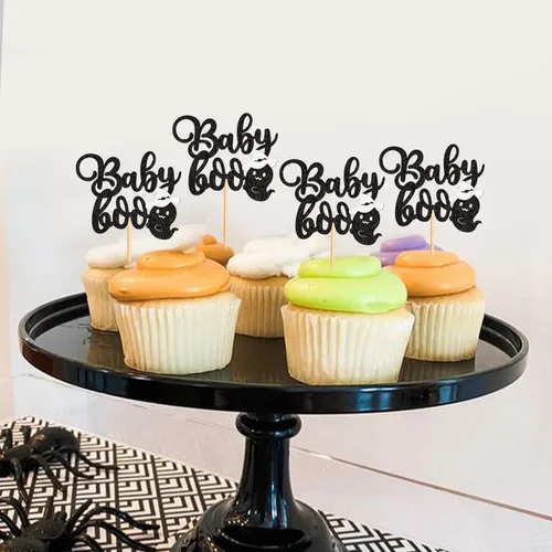 Vista 4 de 24 piezas de Halloween Baby Boo Cupcake Toppers Boo Ghost Cupcake Picks Baby Shower Halloween Boy Girl First Birthday Party Decoración Suministros