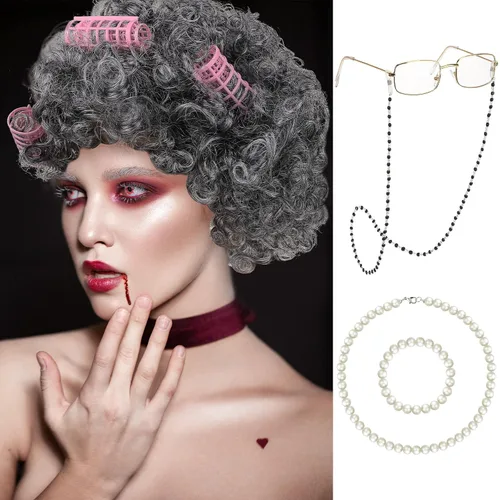 Vista 2 de Yingzhao 13 piezas de disfraz de anciana de 100 días de escuela para mujeres, niños, abuela, abuelita, pelucas de anciana para cosplay (gris oscuro)