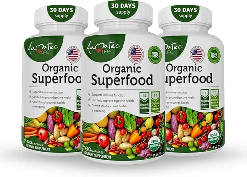 Vista 7 de Organic Superfood Greens - Complejo de frutas y verduras - Suplemento dietético con 14 verduras y 14 frutas y verduras con alfalfa rica