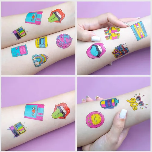 Vista 7 de Tatuajes temporales retro de Regreso a los años 90 y 80 para niños, diseños coloridos, 96 piezas, perfectos para fiestas temáticas de cumpleaños