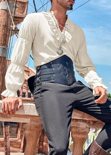 Vista 3 de Bbalizko Camisas de pirata medieval para hombre, con cordones, volantes, manga larga, disfraz vikingo, renacentista, para Halloween, tops victorianos