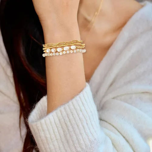 Vista 5 de Pymach Delicado juego de pulseras de cuentas de cristal de perlas de oro para mujer, chapado en oro real de 14 quilates, cuentas de cristal