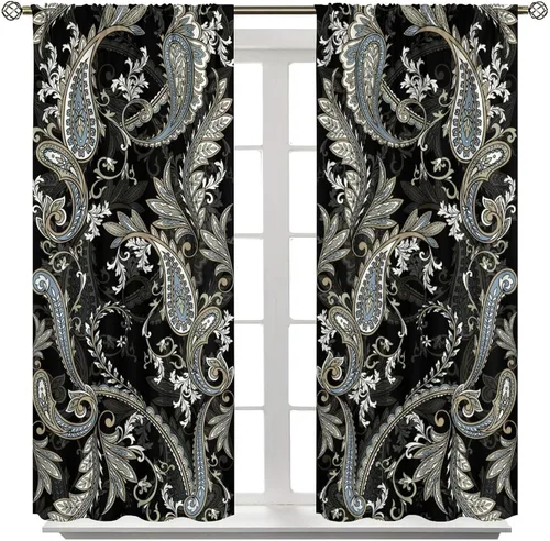 Vista 188 de Cortinas opacas con estampado de flores de cachemira, estampado de cachemira sobre fondo blanco, para decoración del hogar, cocina, restaurante
