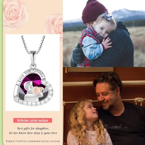 Vista 5 de Collar para padre e hija, regalos de cumpleaños de parte de la hija, collar de plata de ley 925, collar con piedra natal de corazón de amor