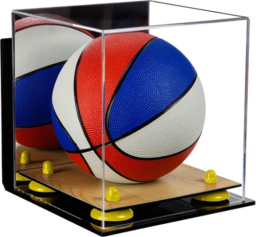 Vista 86 de Better Display Cases Mini acrílico - Miniatura (no tamaño completo) Baloncesto vitrina con elevadores negros y espejo (A015-BR)