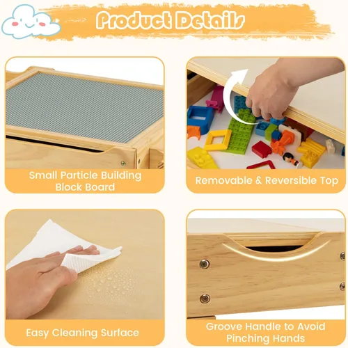 Vista 7 de HONEY JOY Mesa para niños, mesa de actividades de madera 2 en 1 con rollo de papel, mesa de bloques de construcción convertible, 3 compartimentos